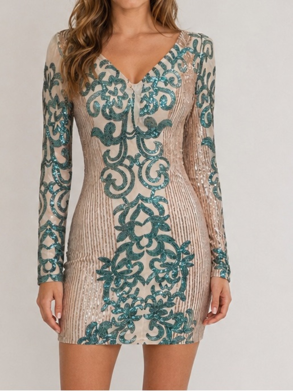 CBR Sequin Bodycon Mini Dress Teal Nude Long Sleeve V Neck Small NWOT